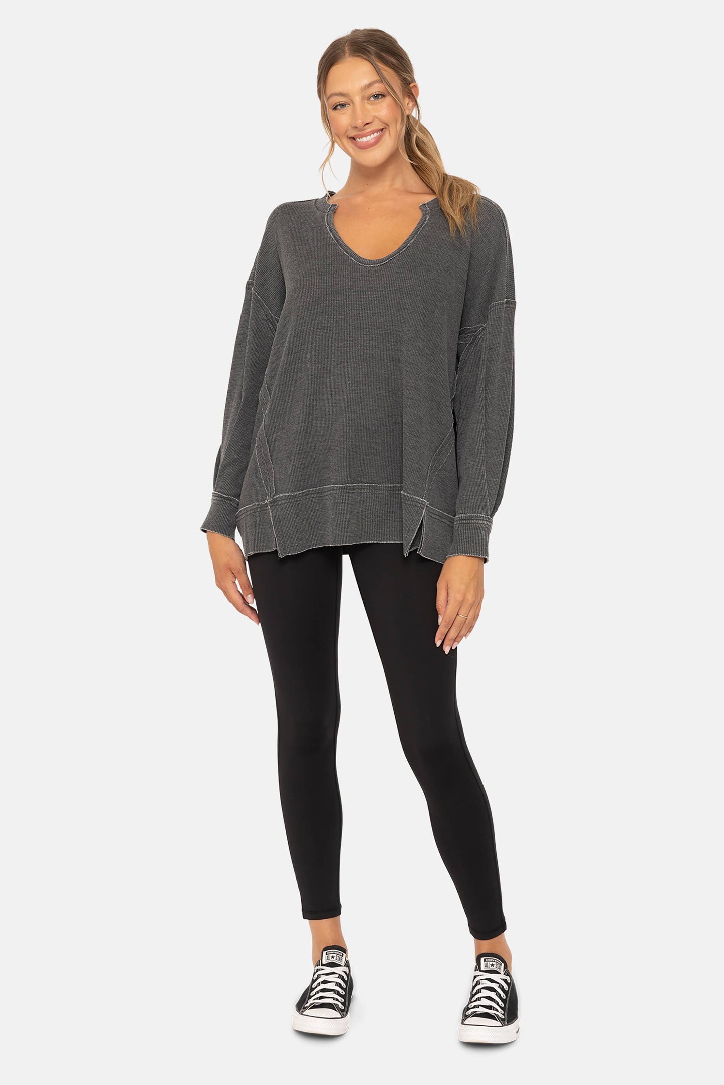 Cozy Season Waffle Knit Top | Washed Black