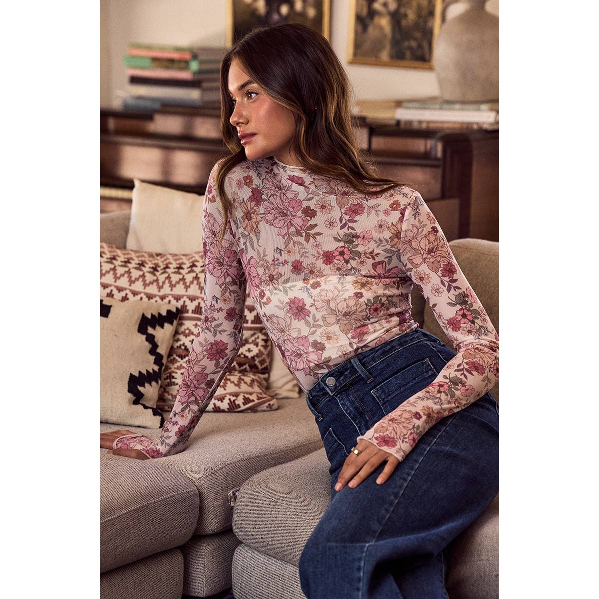 FLORAL PRINT MESH KNIT LONG SLEEVES TOP