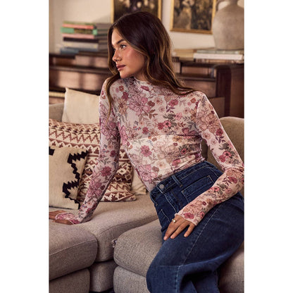 FLORAL PRINT MESH KNIT LONG SLEEVES TOP