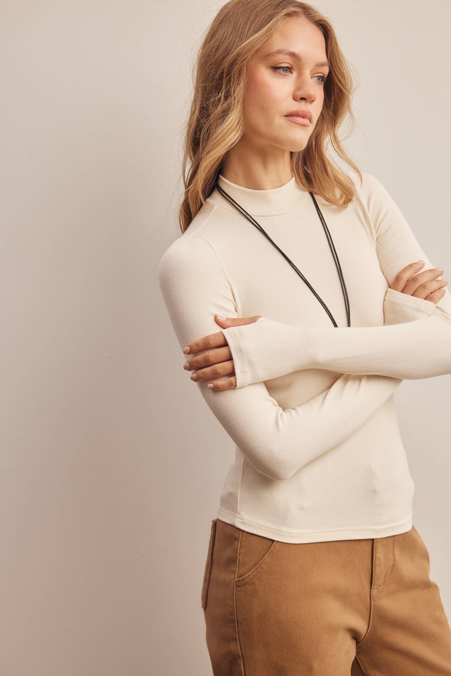 Stretch Ribbed Mock Neck Top
