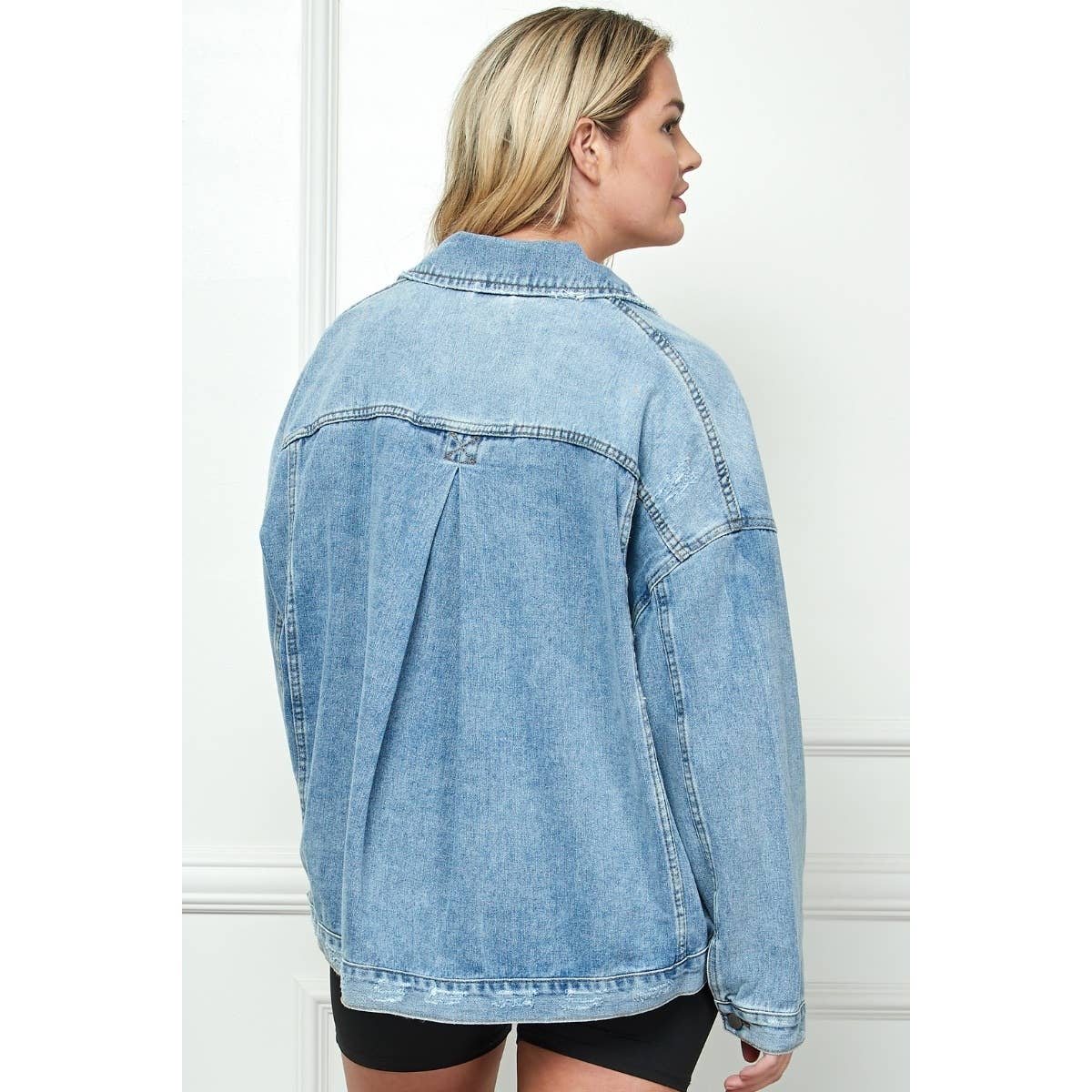 Pleated Denim Jacket - Med Denim PLUS