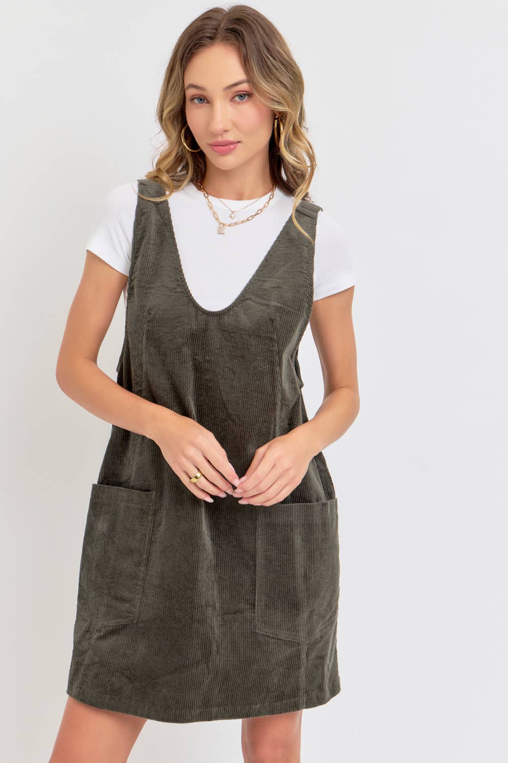 Cozy Corduroy Overall Dress - Olive