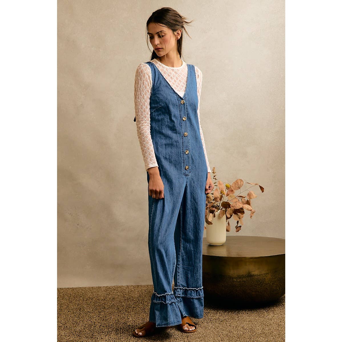 Denim Ruffle Leg Romper
