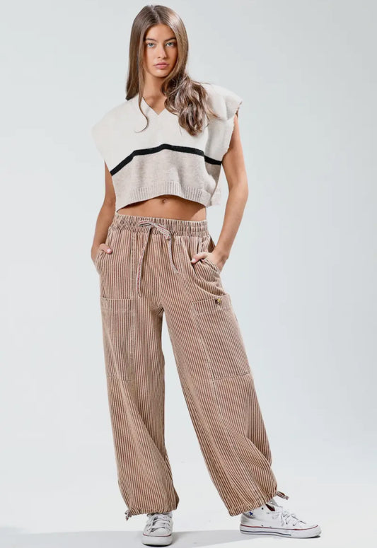 Mocha Vintage Wash Striped Pants