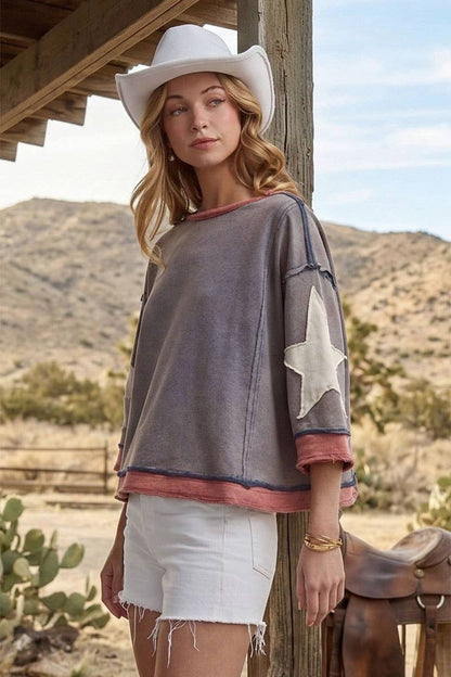 Star Sleeve Mineral Wash Top