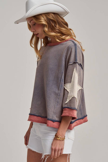 Star Sleeve Mineral Wash Top