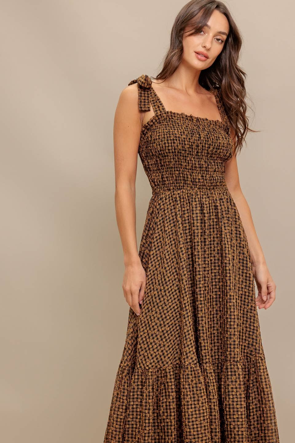 Autumn Smocked Gingham Midi Dress