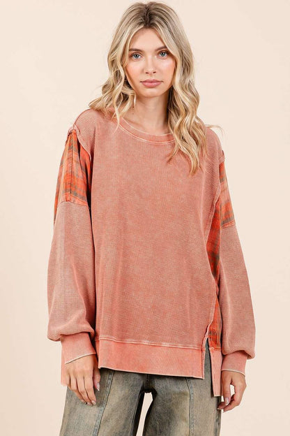 Plaid Panel Mineral Wash French Terry Sweatshirt