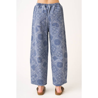 PAISLEY PRINT ELASTIC WAIST BARREL LEG PANTS