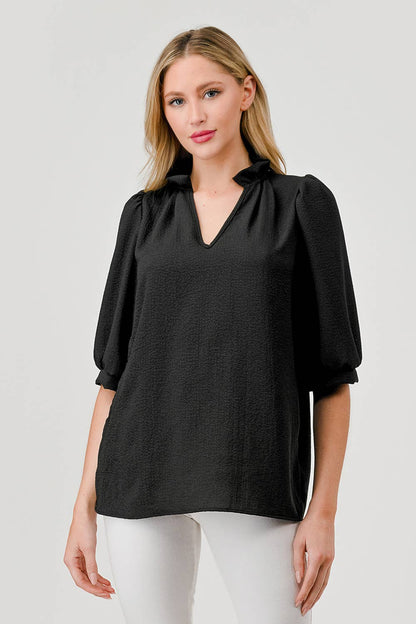 Posey Textured Short Sleeve Ruffle Collar Top Black