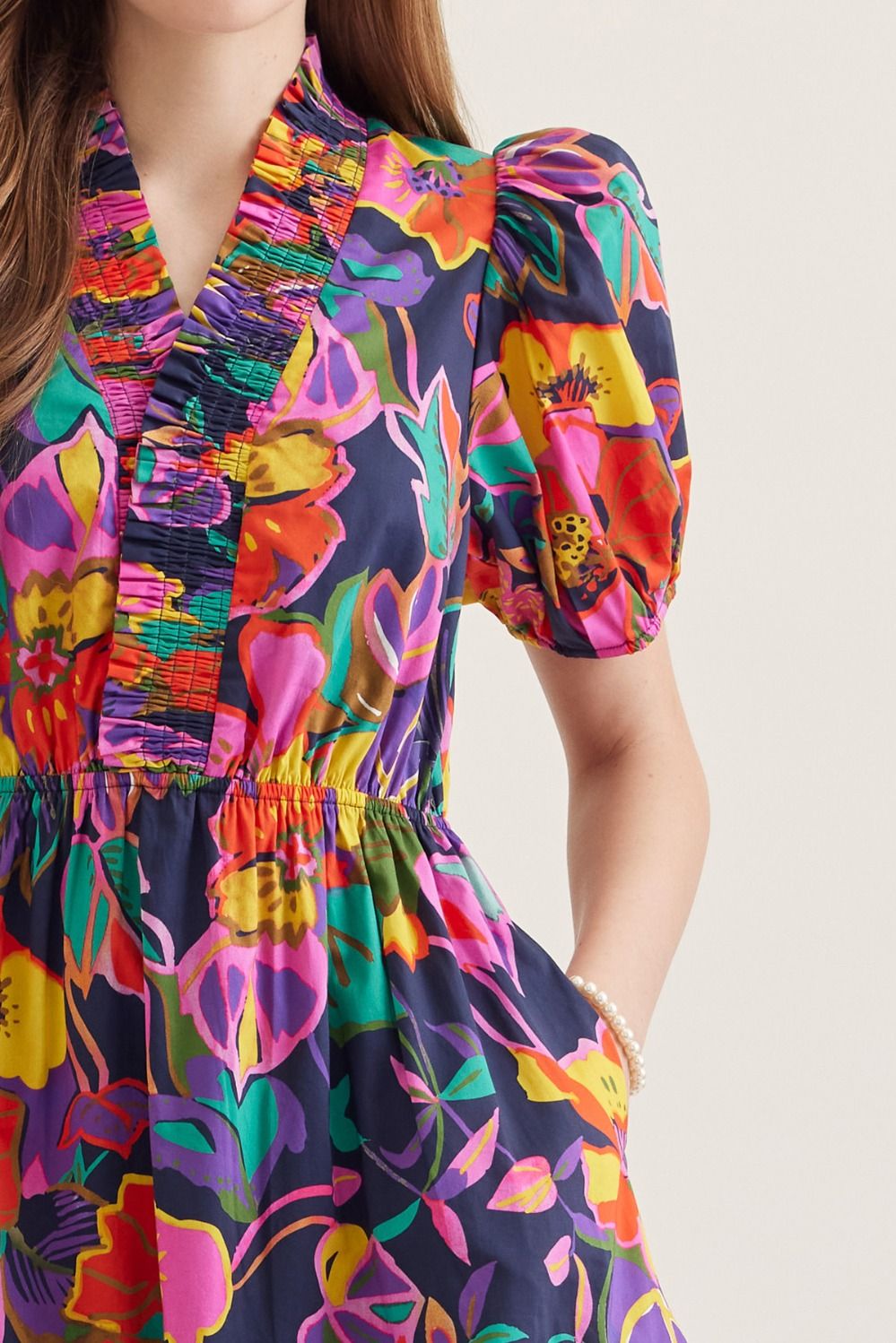 Navy Floral Puff Sleeve Dress