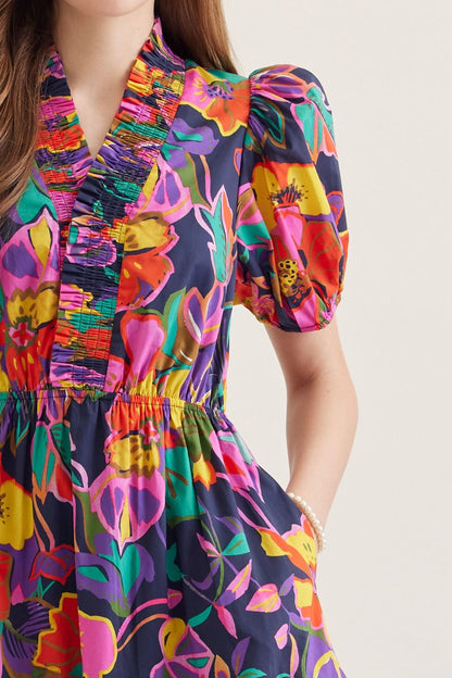 Navy Floral Puff Sleeve Dress