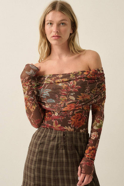 Floral-Print Mesh Off Shoulder Bodysuit