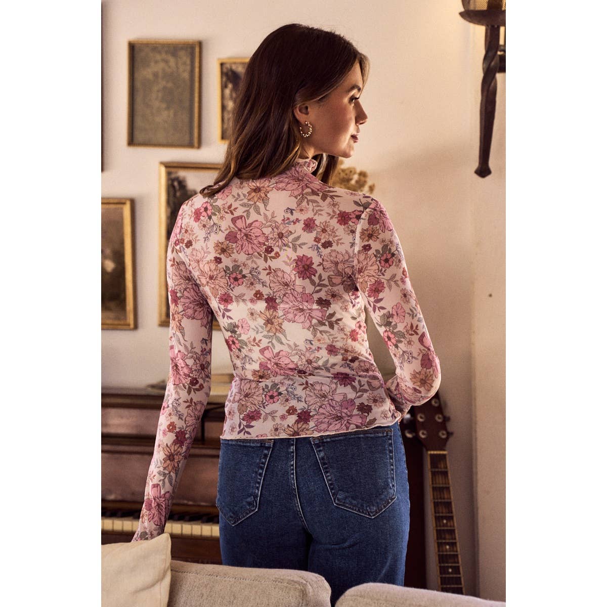 FLORAL PRINT MESH KNIT LONG SLEEVES TOP