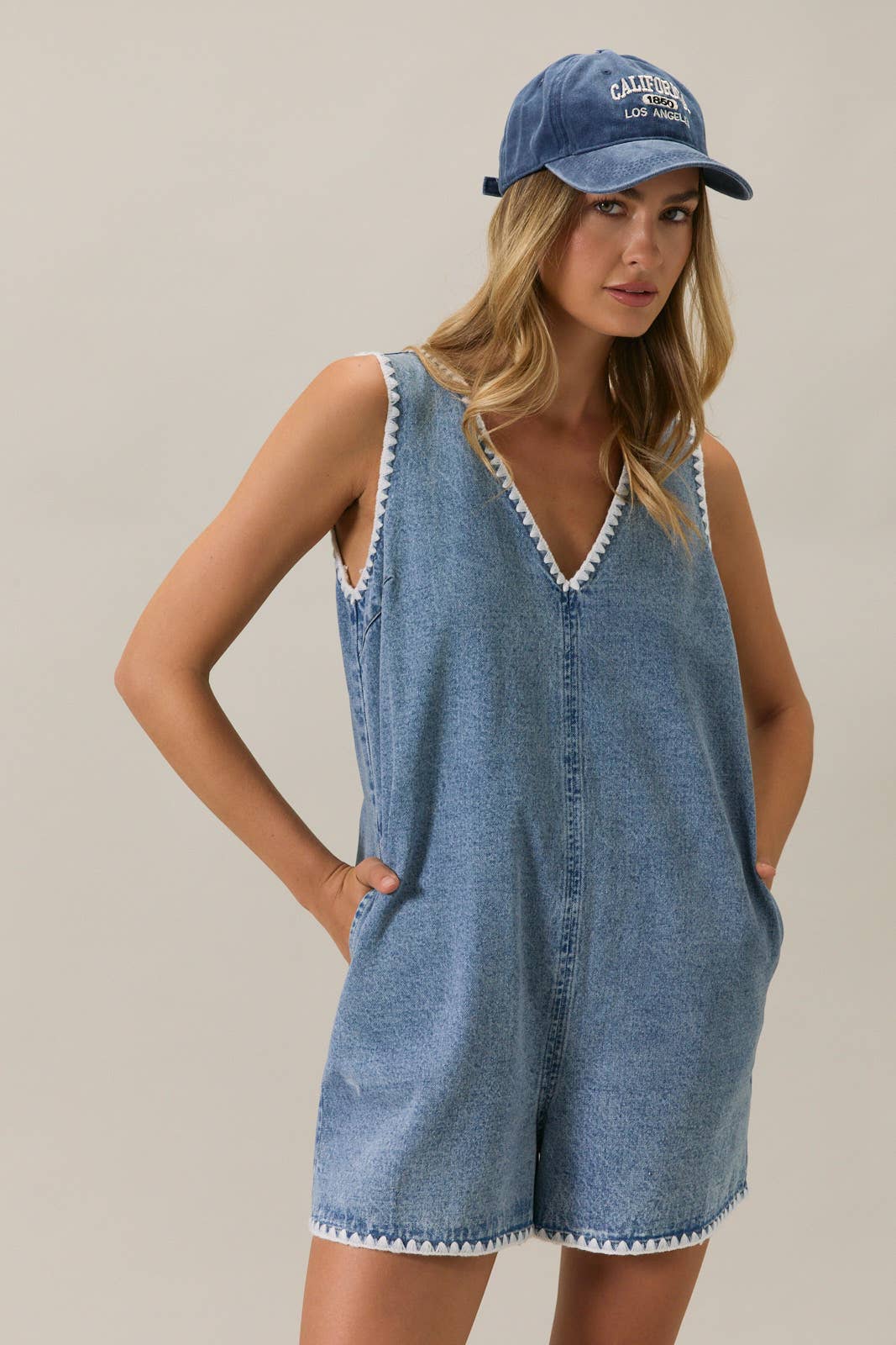 V Neck Stitch Detail Denim Romper