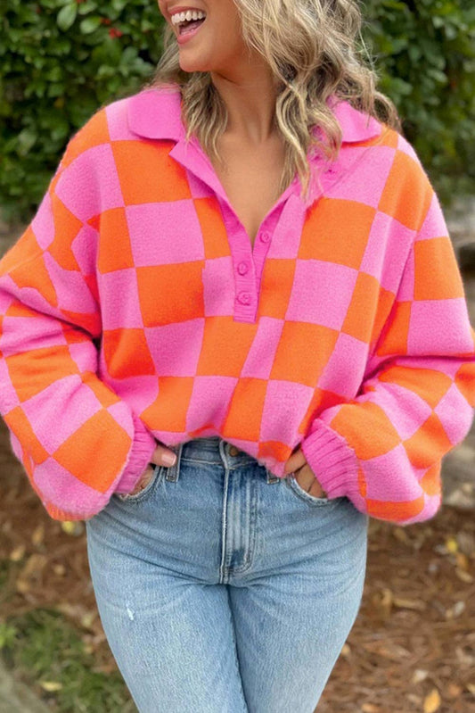 Pink Checkered Knit Polo Collar Sweater