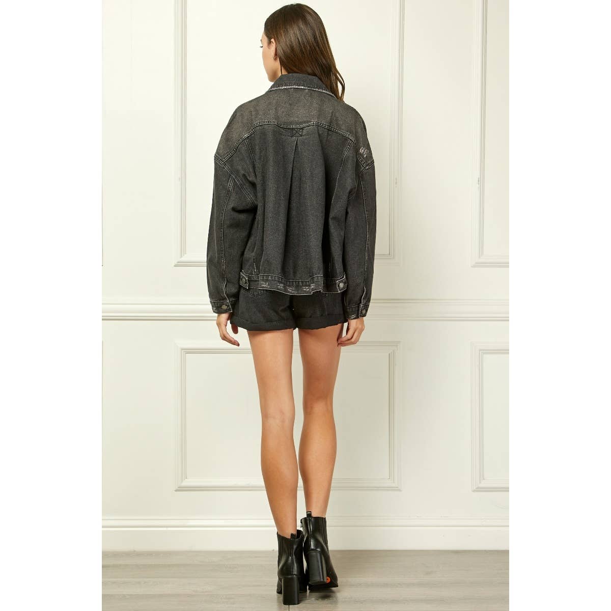 Pleated Denim Jacket - Black