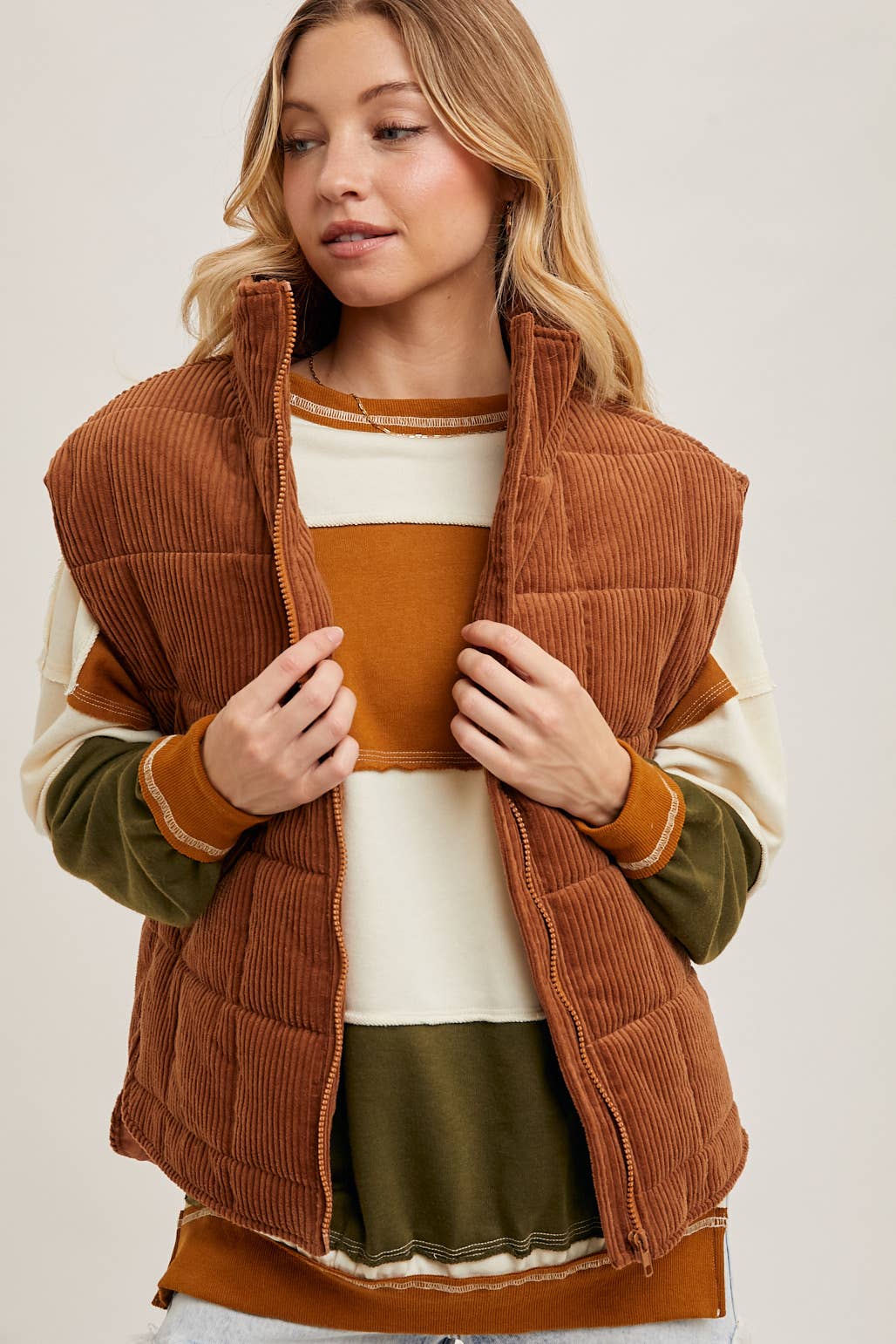 Corduroy Quilted Puffer Vest : Camel