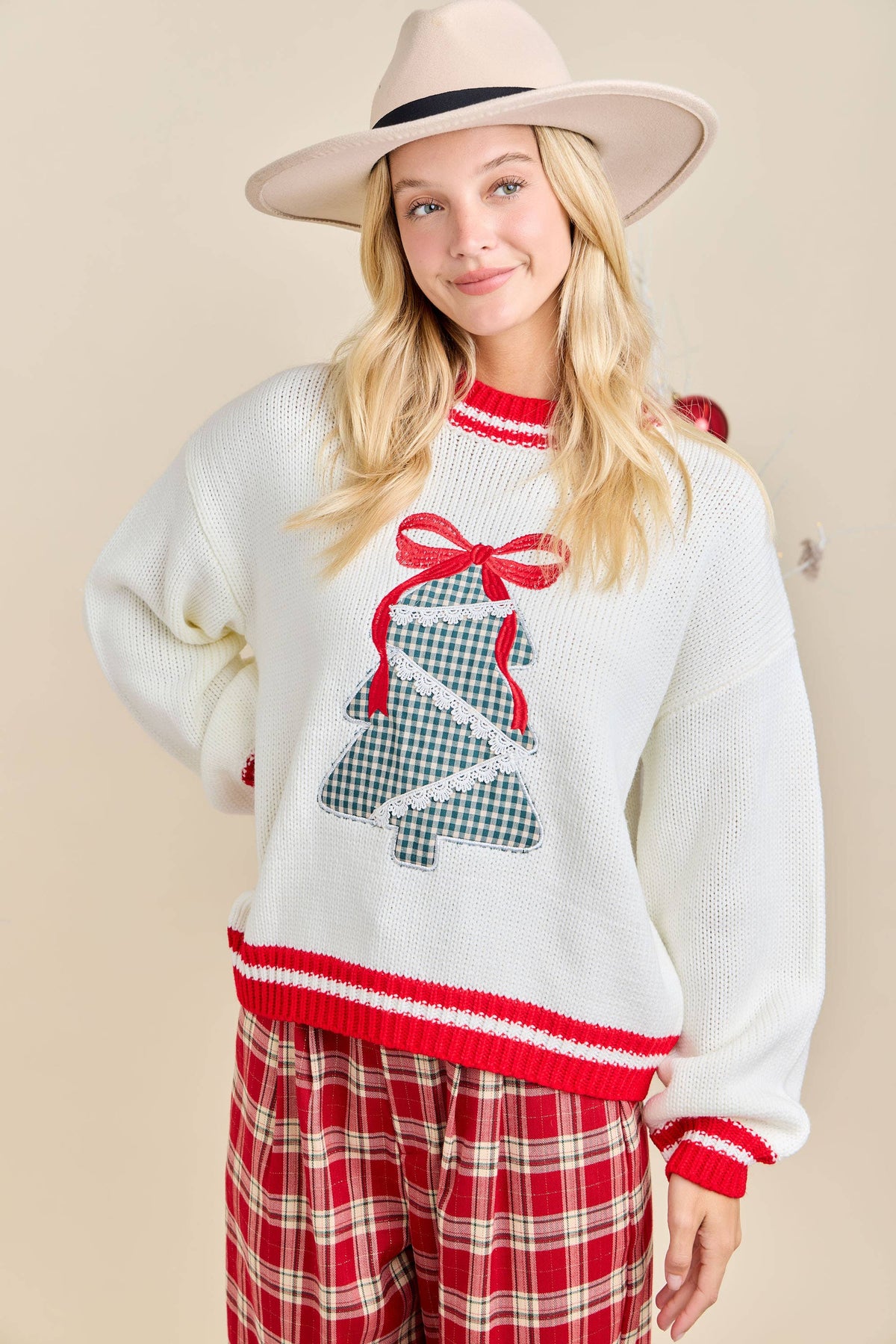 Festive Holiday Sweater With Christmas Tree Patchwork
