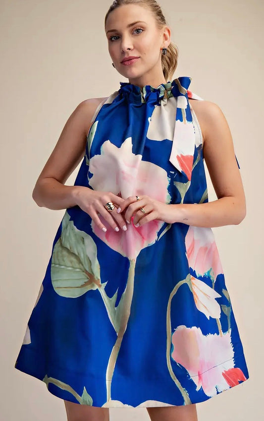 Floral Print Tie Neck Mini Dress