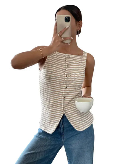 Striped Knit Button Front Tank Top Slim Fit Summer Vest