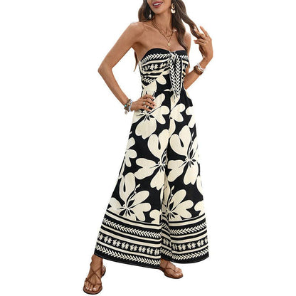 Black Floral Strapless Backless Wide Leg Jumpsuit