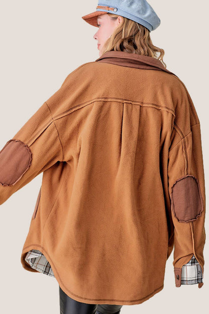 Soft Brushed Button Down Long Sleeve Fleece Shacket: Camel