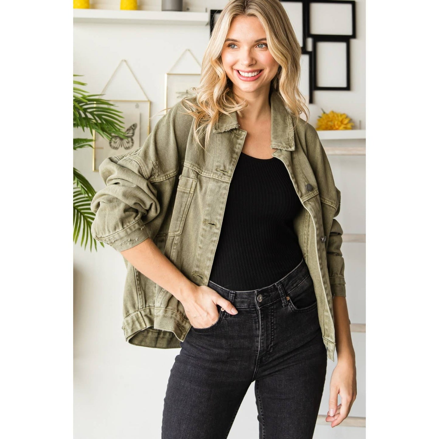 Pleated Denim Jacket - Med Denim PLUS