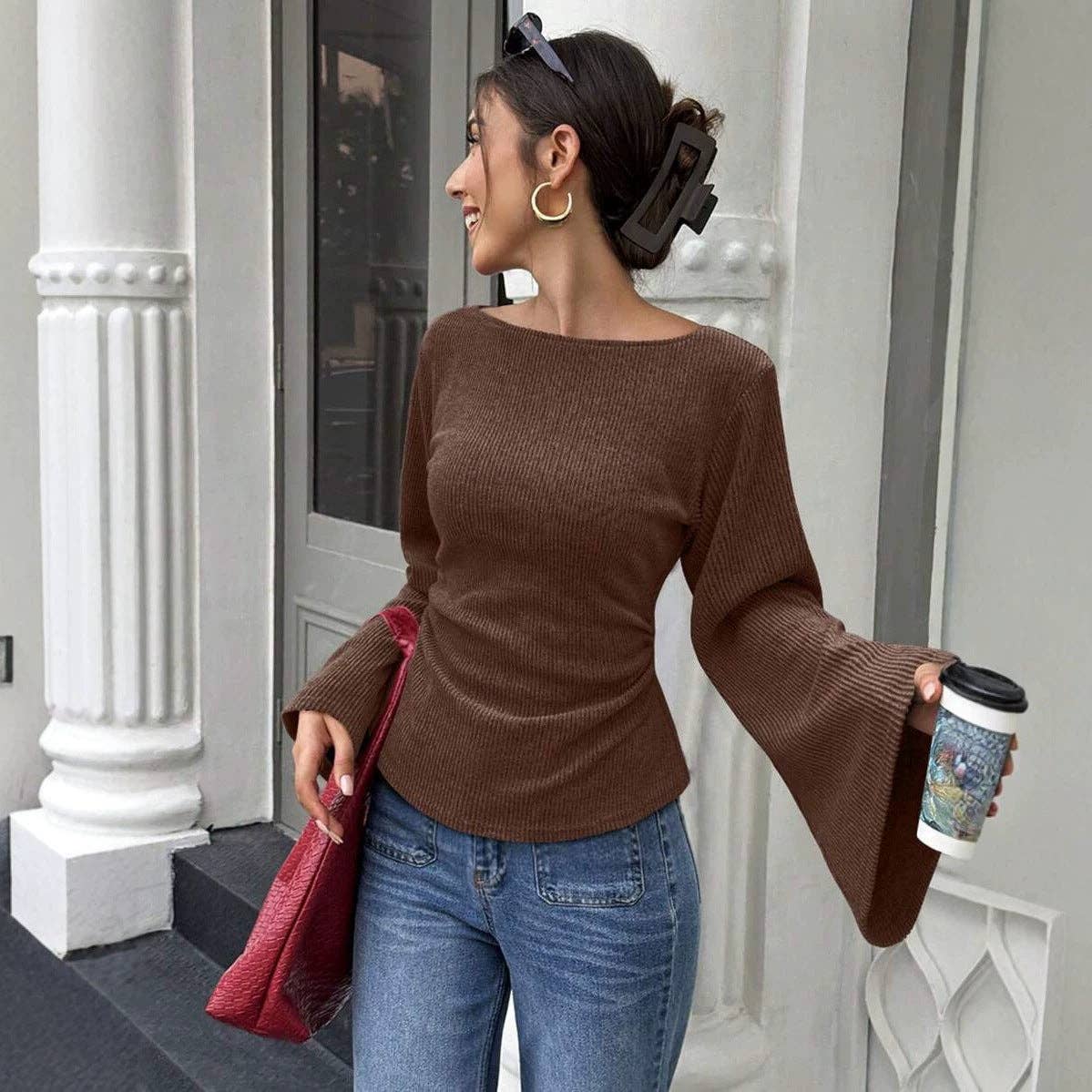 Bell Sleeve Ribbed Knit Top