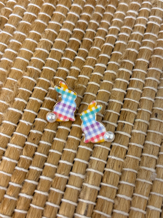 Rainbow Gingham Bunny Stud Earrings