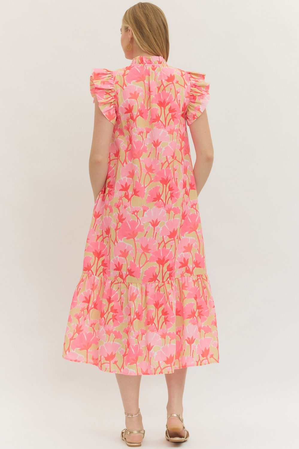 Pink Floral Flutter Sleeve Midi