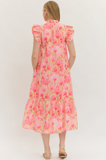Pink Floral Flutter Sleeve Midi