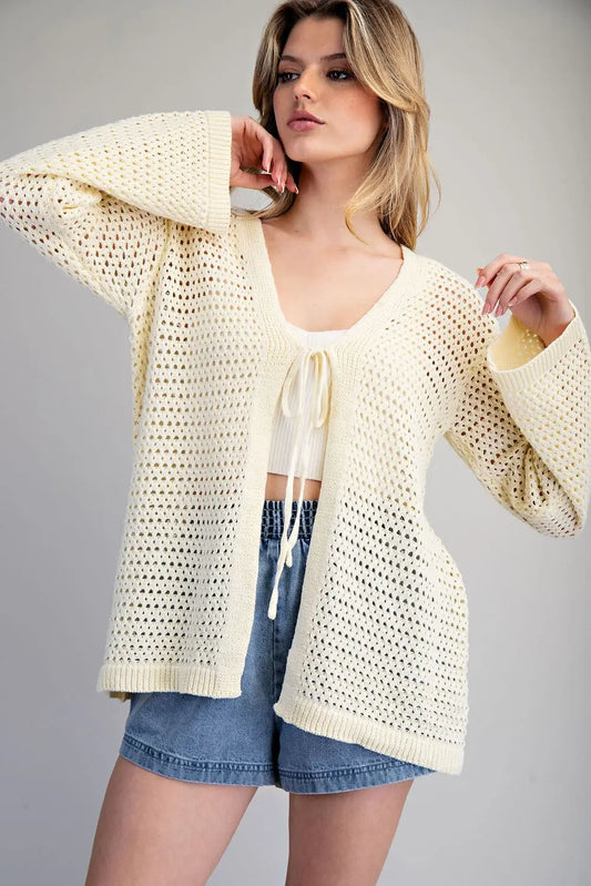 Front Tie Open Knit Cardigan