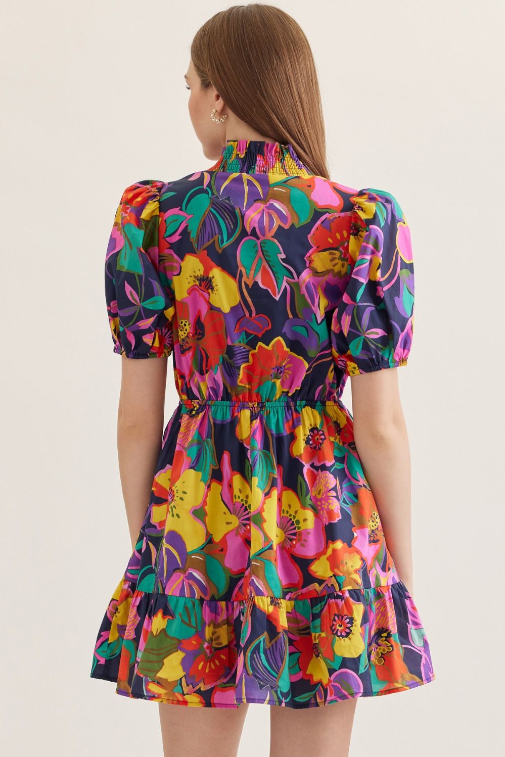 Navy Floral Puff Sleeve Dress