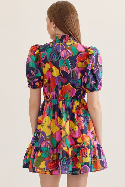 Navy Floral Puff Sleeve Dress