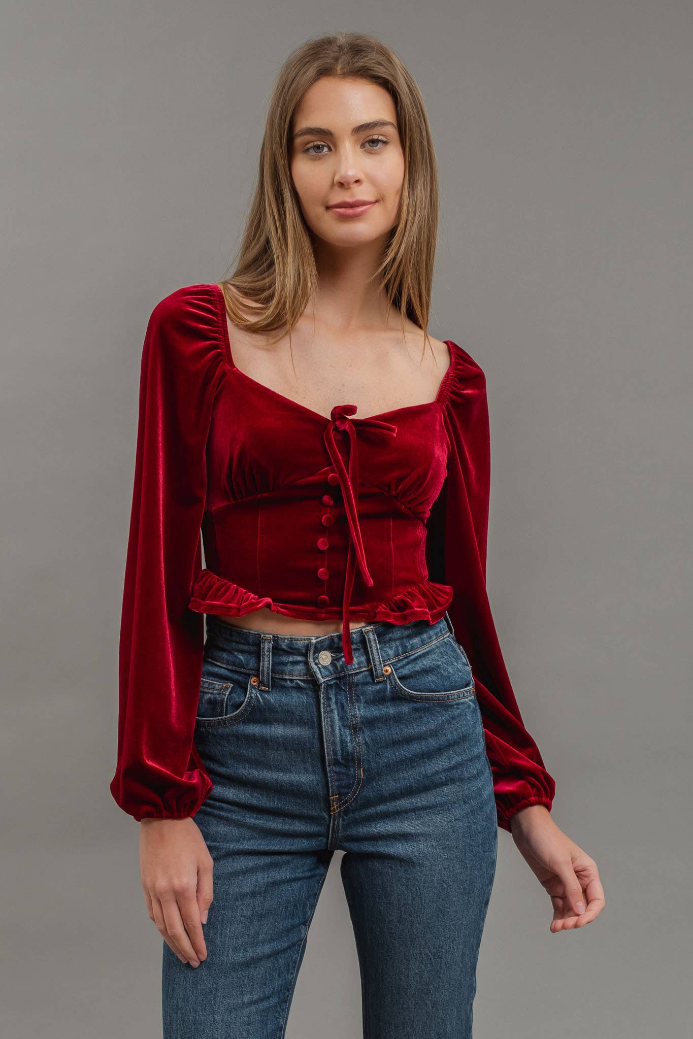 Velvet Tie Front Crop Top : BURGUNDY