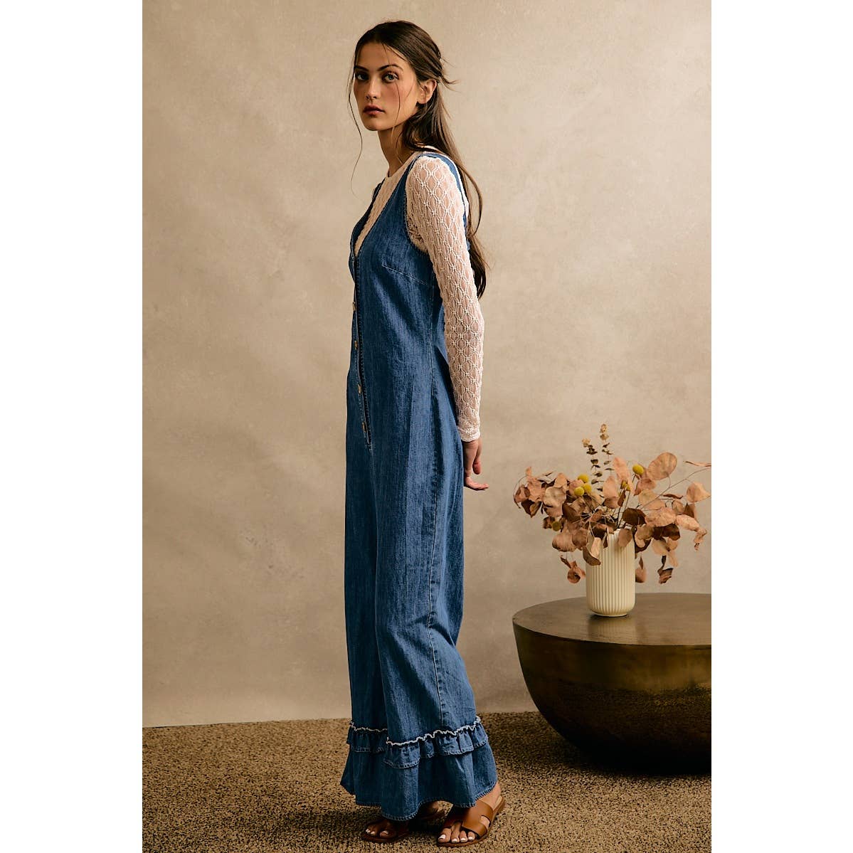 Denim Ruffle Leg Romper