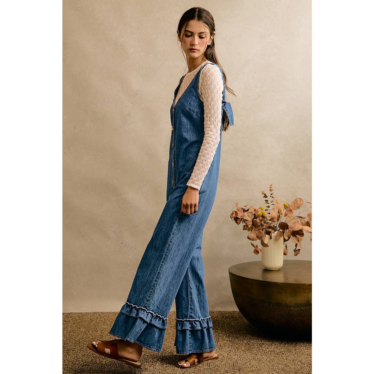Denim Ruffle Leg Romper