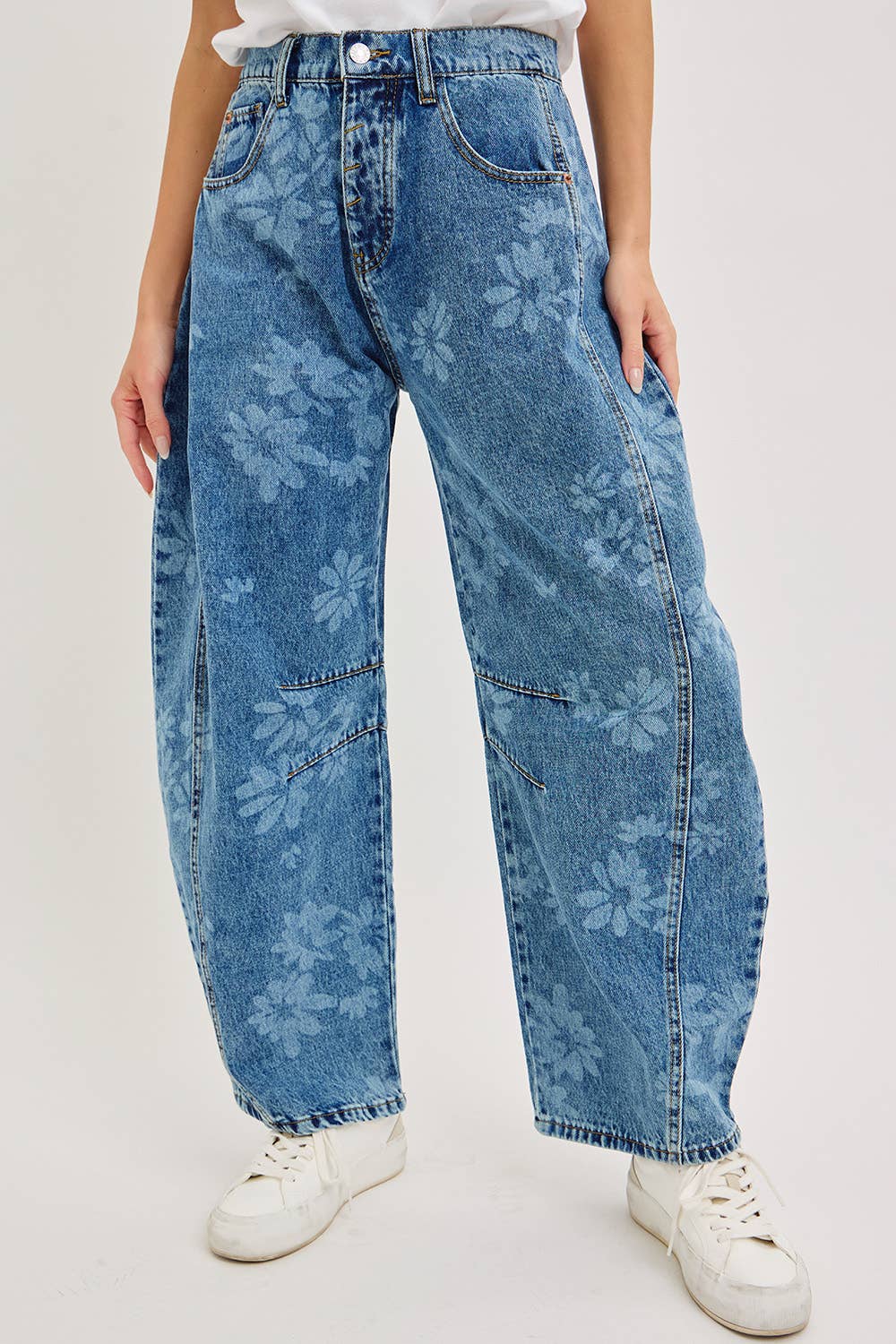 Floral Print Barrel Denim