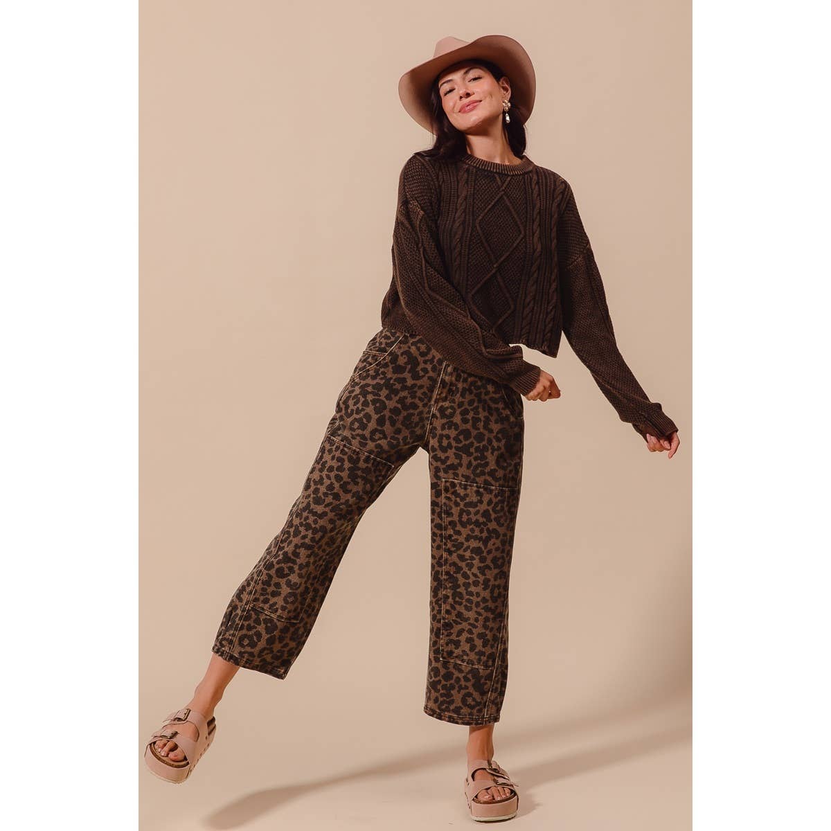 Leopard Mid Rise Barrel Pants