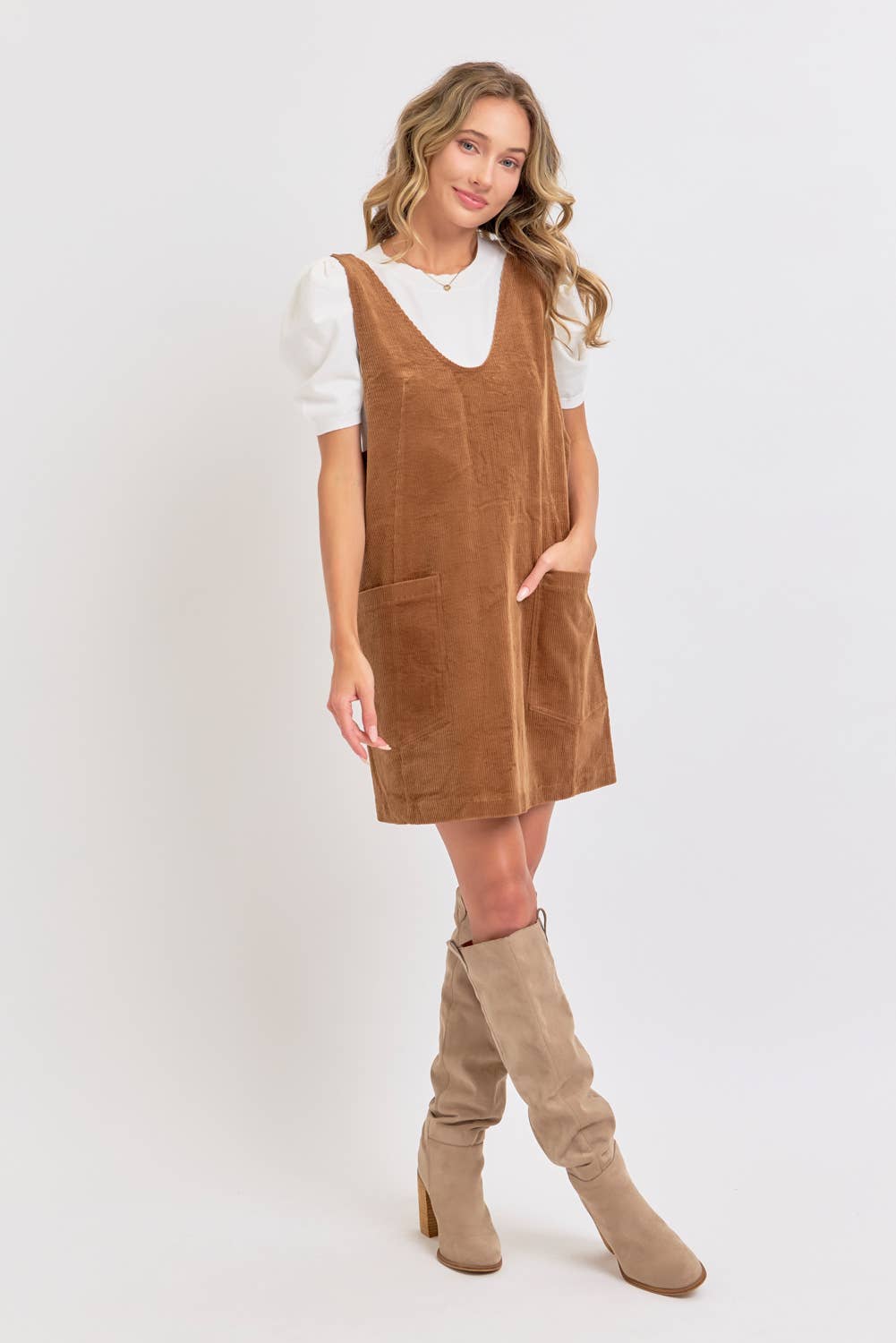 Cozy Corduroy Overall Dress - Camel
