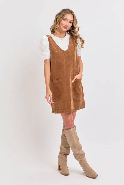 Cozy Corduroy Overall Dress - Camel