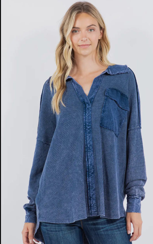 Navy Mineral Wash V Neck Collar Top