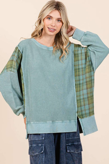 Plaid Panel Mineral Wash French Terry Sweatshirt