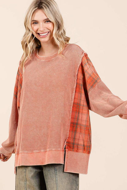 Plaid Panel Mineral Wash French Terry Sweatshirt