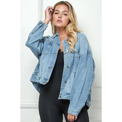 Pleated Denim Jacket - Med Denim PLUS