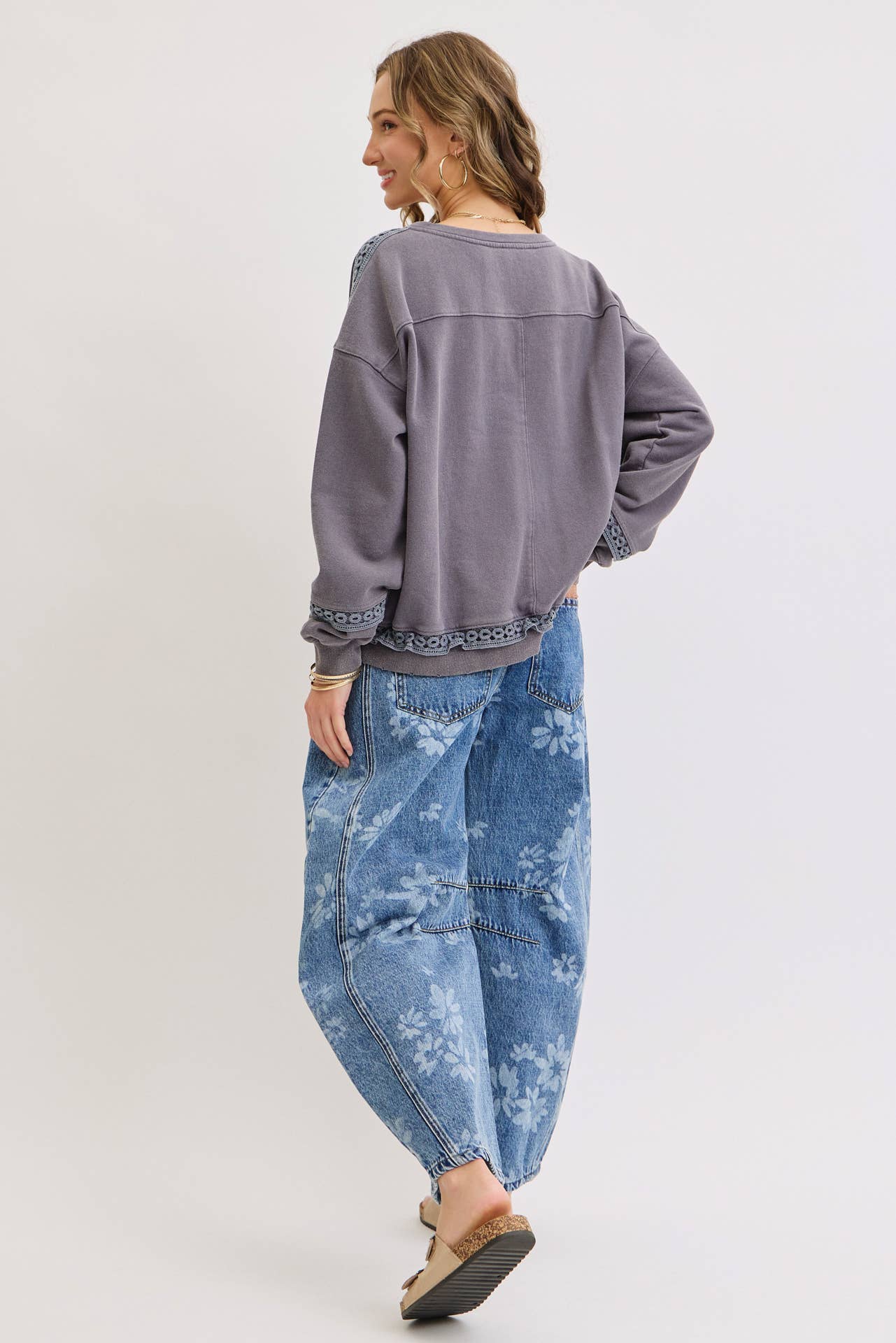 Floral Print Barrel Denim