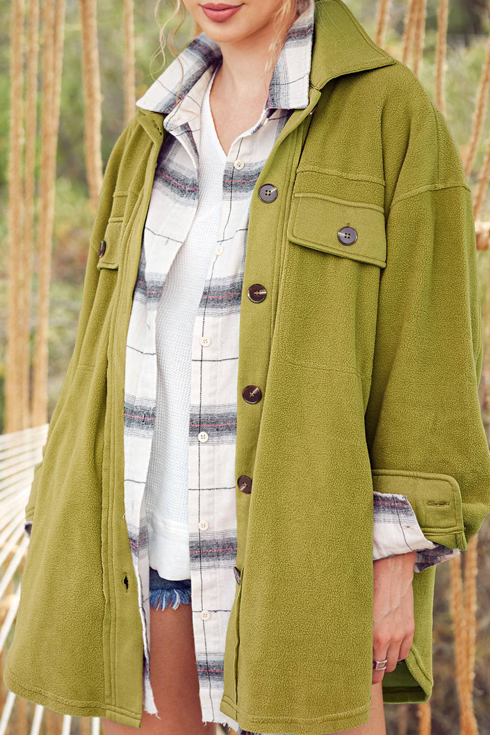 Loose Fit Button Down Long Sleeve Fleece Shacket: Pine