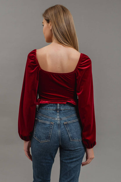 Velvet Tie Front Crop Top : BURGUNDY