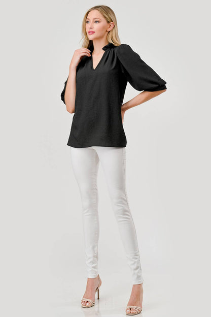 Posey Textured Short Sleeve Ruffle Collar Top Black